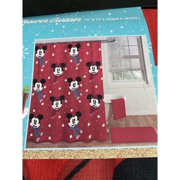 Disney’s Mickey And Minnie Mouse Christmas Red Fabric Shower Curtain 72x72” NEW - Picture 2 of 11